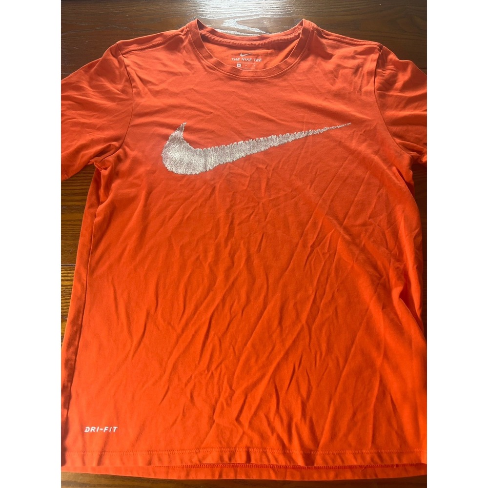 Nike Shirt Men Medium Orange Center Swoosh Check Dri Fit Gym Workout